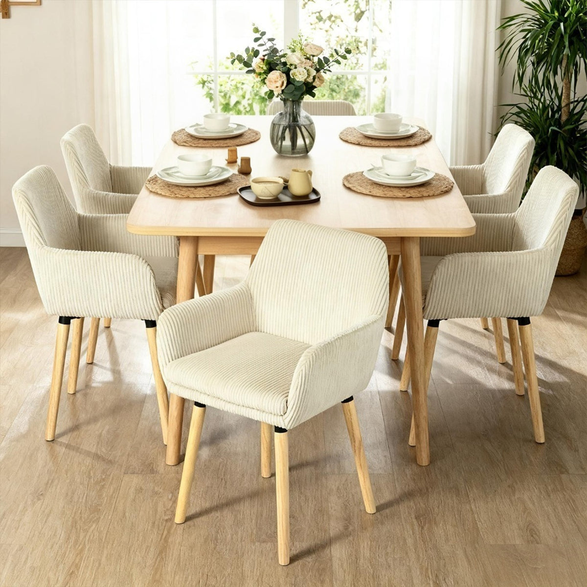 Lot de 6 chaises de salle à manger de style scandinave avec pieds en bois et accoudoirs en velours côtelé beige - ELIA