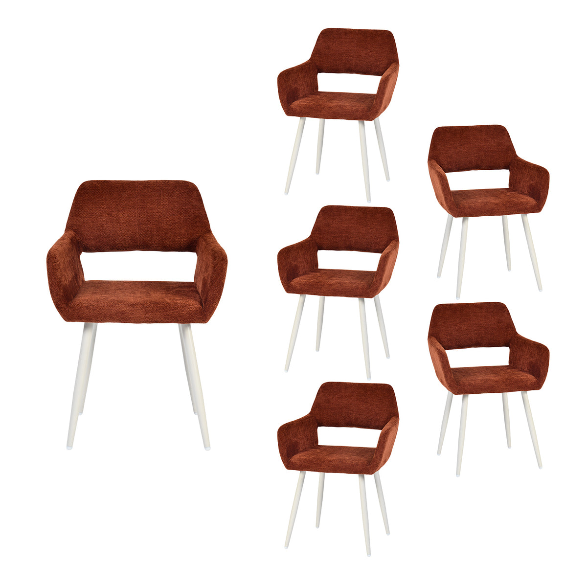 Lot de 6 fauteuils de salle à manger scandinaves avec accoudoirs en chenille terracotta - CROMWELL
