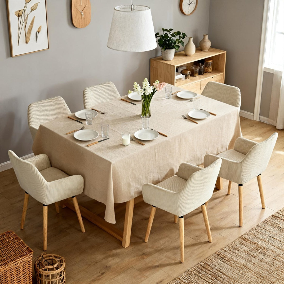 Lot de 6 chaises de salle à manger de style scandinave avec pieds en bois et accoudoirs en velours côtelé beige - ELIA