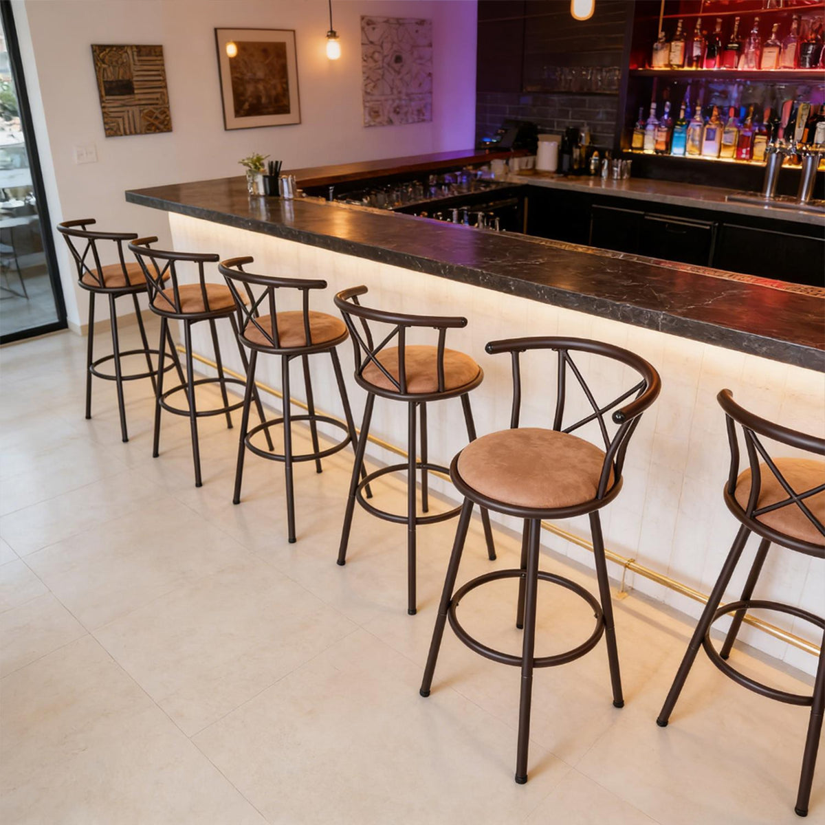 Lot de 6 tabourets de bar industriels pivotants avec dossier en tissu marron - HAILEY 29