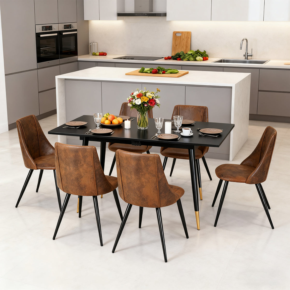 Round Table Table Table Table Timber Ø80 cm with 4 black velvet chairs, modern and comfortable style