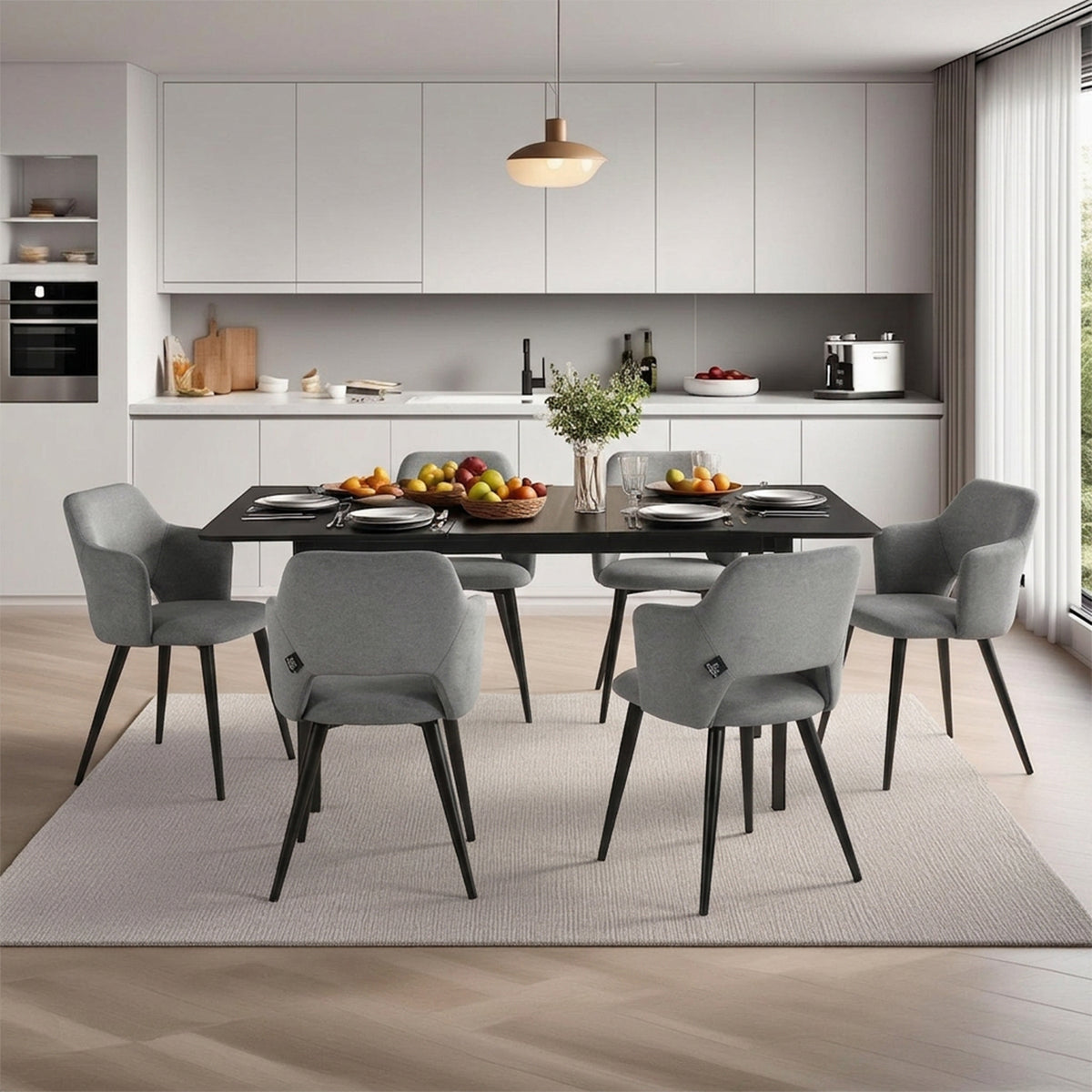 Ensemble table à manger extensible noire et 6 fauteuils en tissu gris de style scandinave