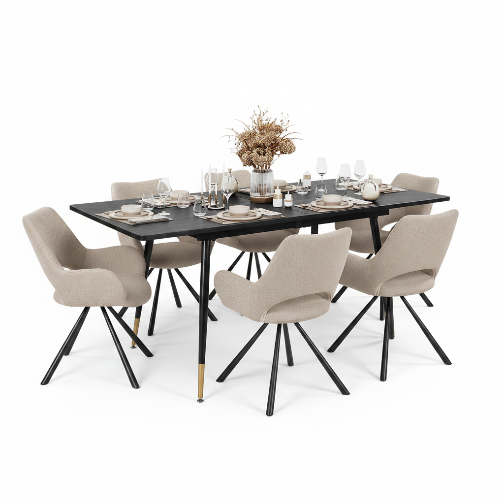 Round Table Table Table Table Timber Ø80 cm with 4 black velvet chairs, modern and comfortable style