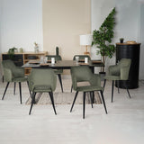 Ensemble table à manger extensible noire et 6 fauteuils en tissu vert de style scandinave