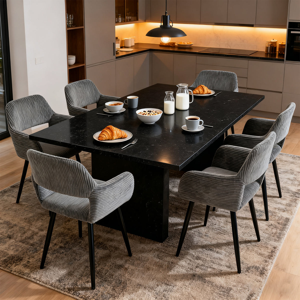 Set of 6 Scandinavian dining room armchairs with gray velvet armrests - Cromwell Corduroy
