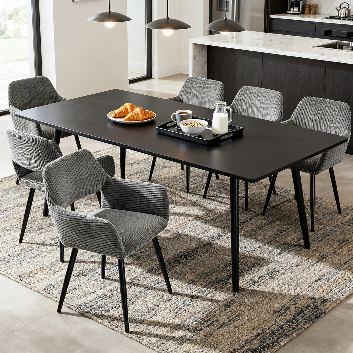 Set of 6 Scandinavian dining room armchairs with gray velvet armrests - Cromwell Corduroy