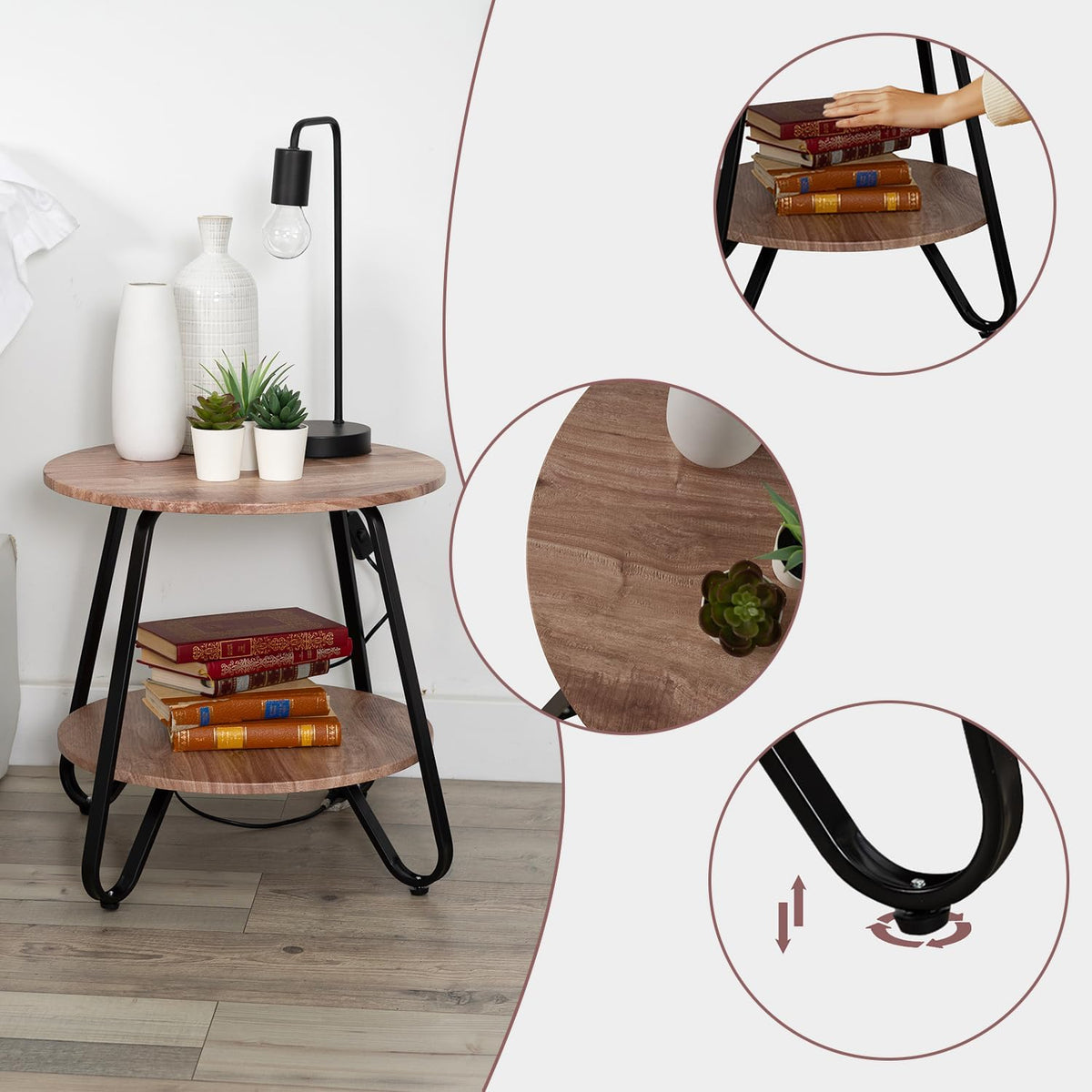 Table d'appoint ronde à 2 niveaux style industriel en métal noir et bois imitation chêne - KONYA TARRANT