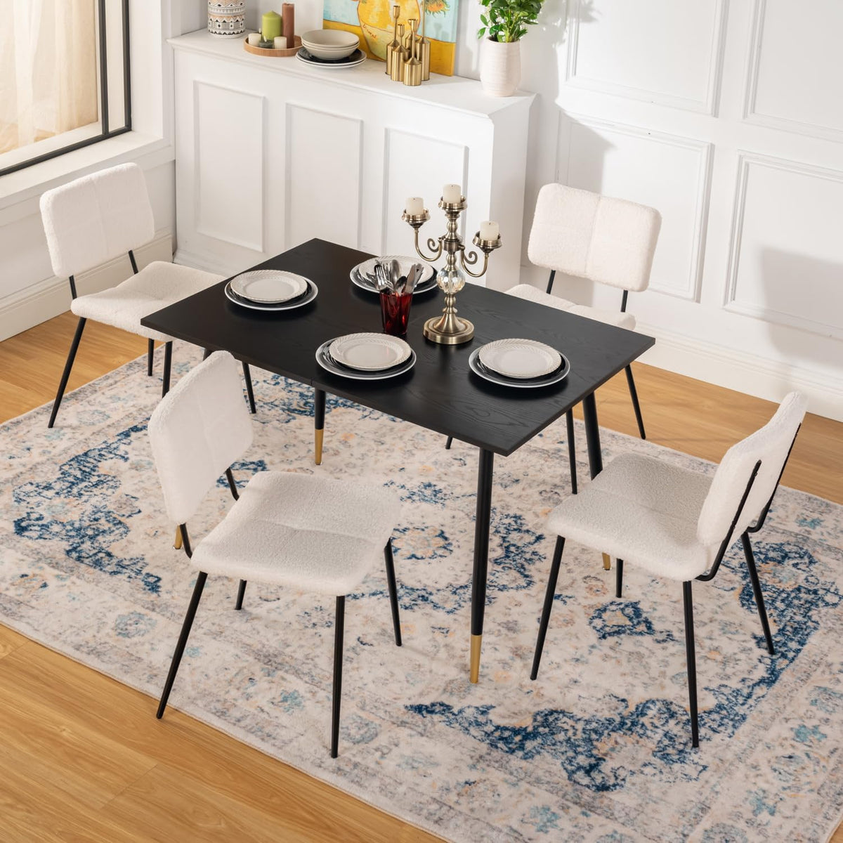 Set of 4 Scandinavian dining room chairs in beige sheepskin fabric - POMONA