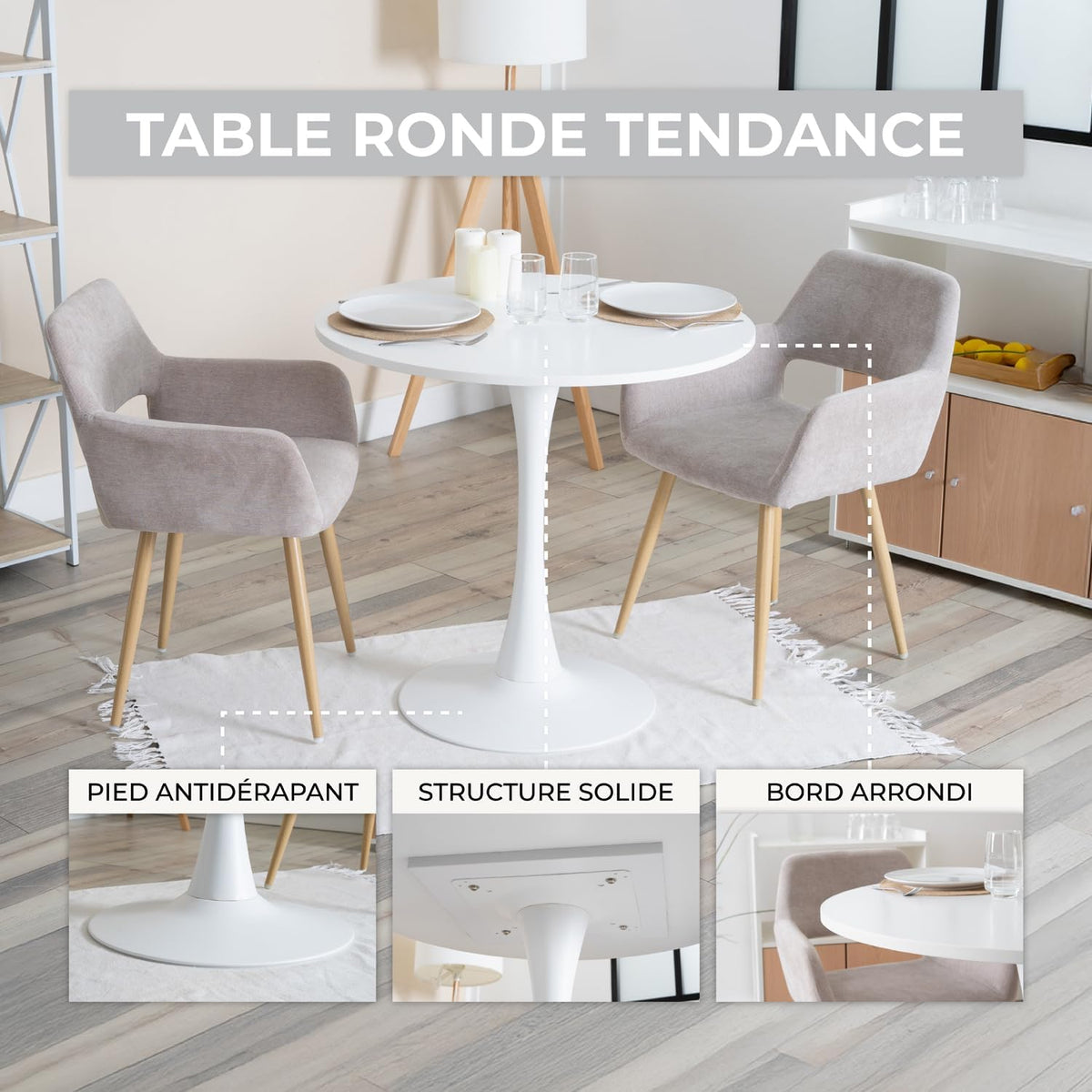 Table salle à manger ronde scandinave 2-4 personnes en bois et métal blanc - CLIFT