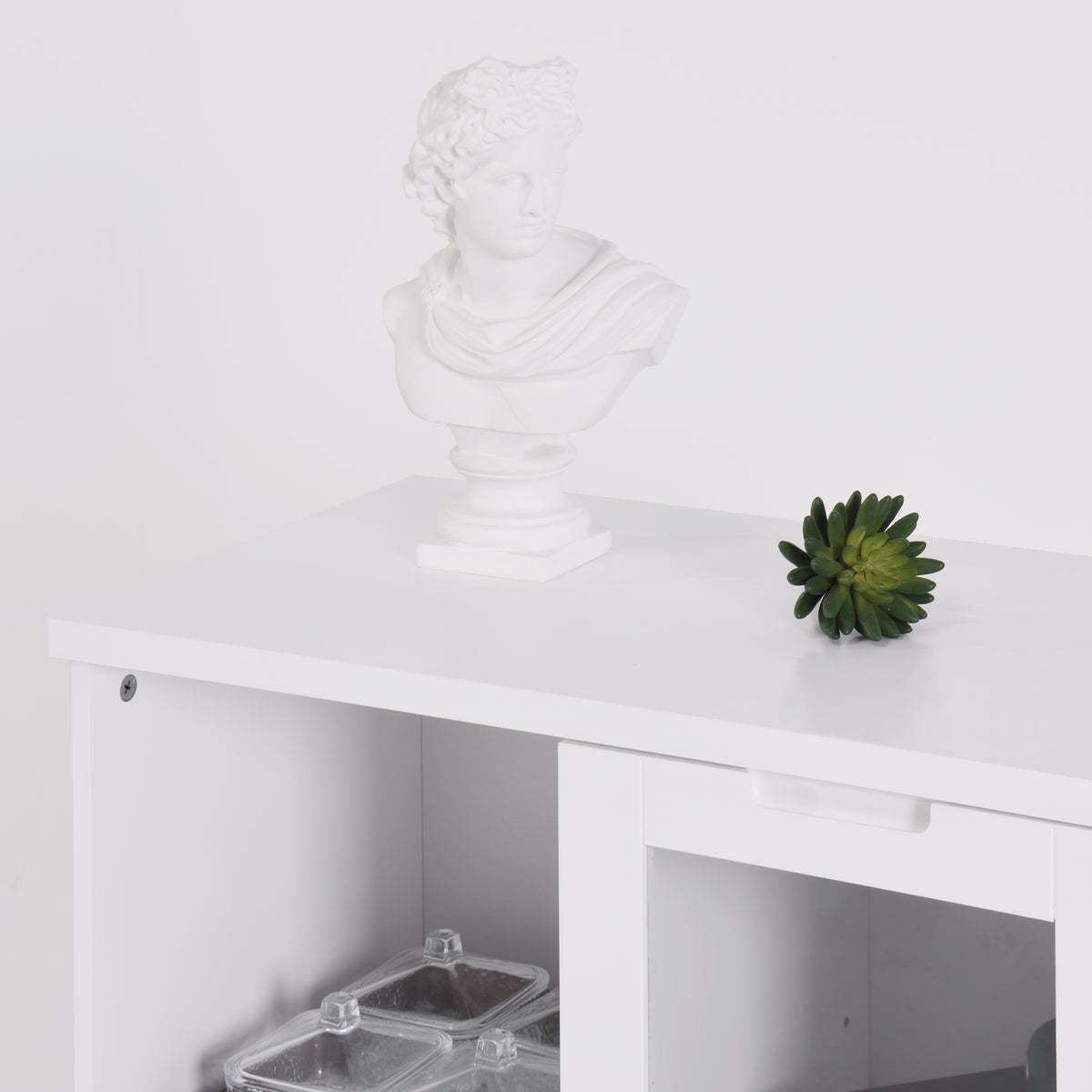 Buffet en MDF laqué blanc 65x30x100 cm avec portes vitrées, tiroir et espaces de rangement ouverts, idéal pour salon, chambre ou entrée