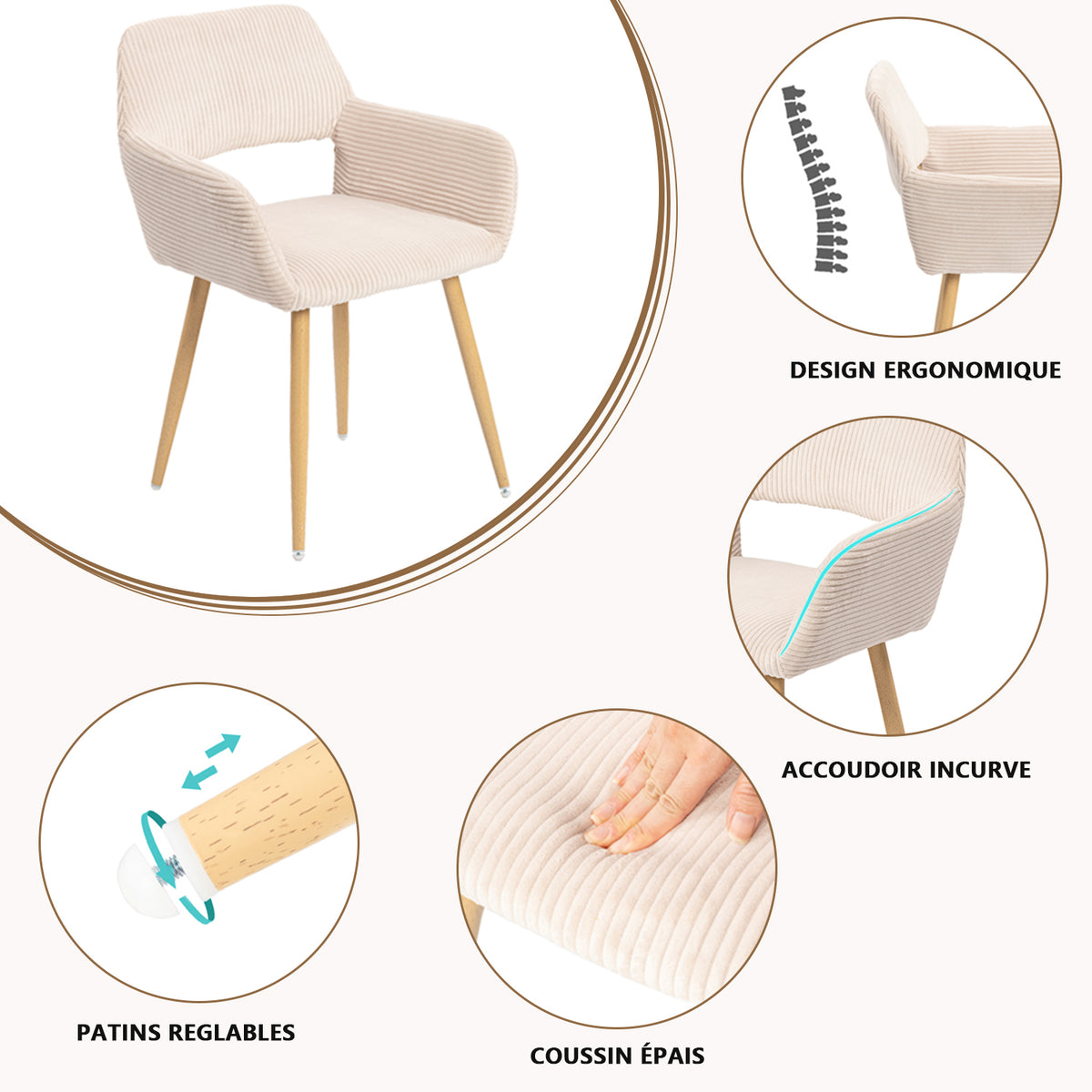 Lot de 2 fauteuils de salle à manger scandinaves avec accoudoirs en velours côtelé beige - CROMWELL CORDUROY