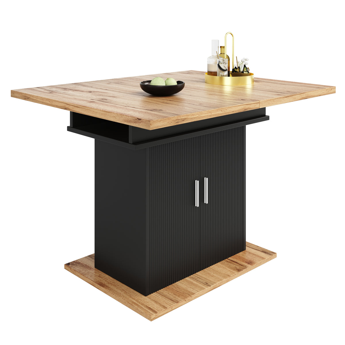 Table à manger télescopique extensible naturel-noir avec 3 niveaux de rangement