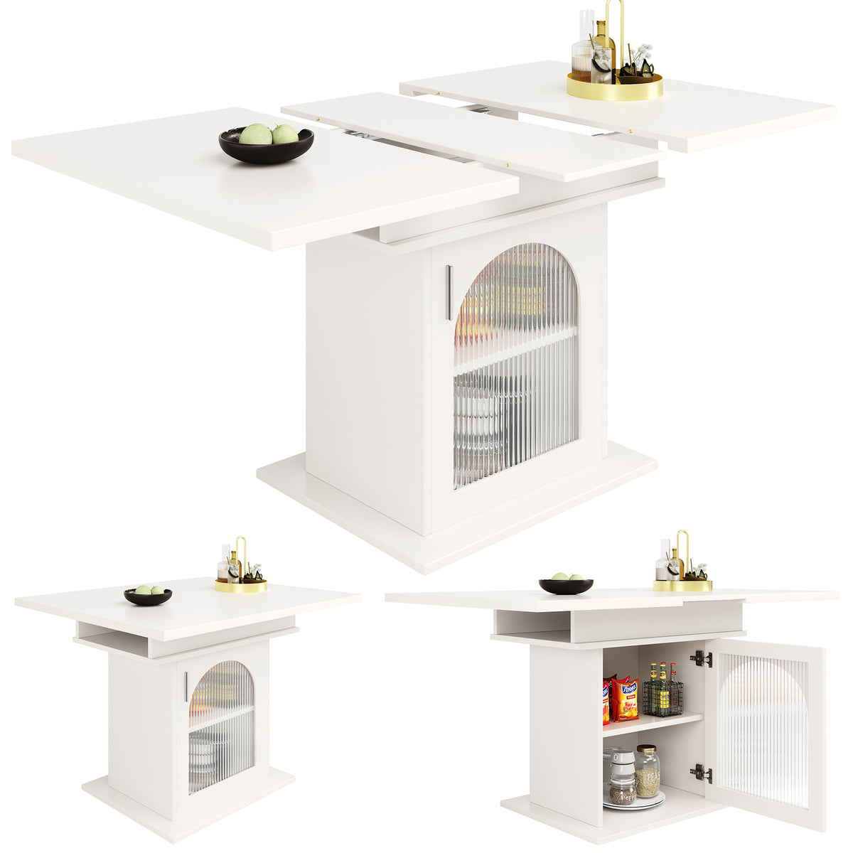 Table à manger télescopique extensible 140×80cm 3 niveaux de rangement portes en verre irisé blanche pour cuisine et salon