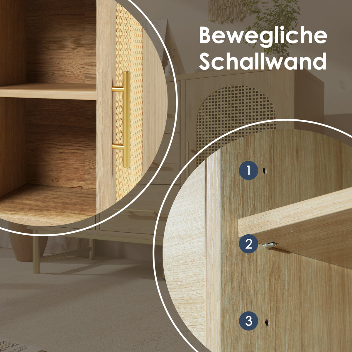 Eichen-Caning-Buffet mit 3 Schubladen, 2 Türen, einstellbaren Regalen und Anti-Breeching-Geräte-120 × 40 × 74 cm