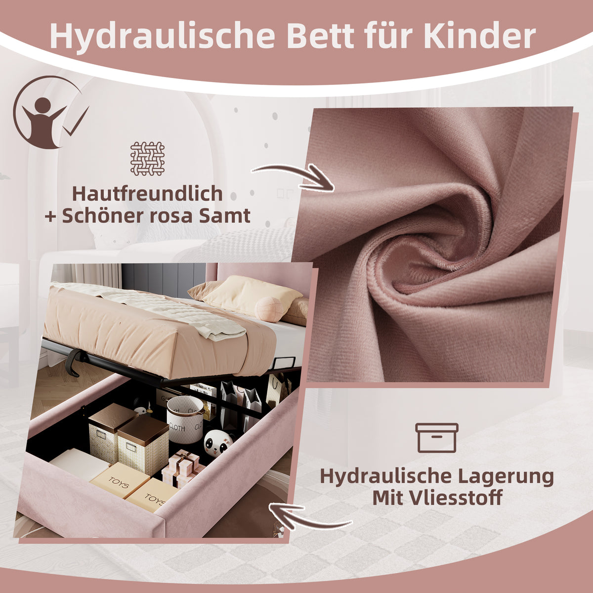 Lit enfant rembourré 90×190 cm (sans matelas) en velours rose avec tête de lit arquée