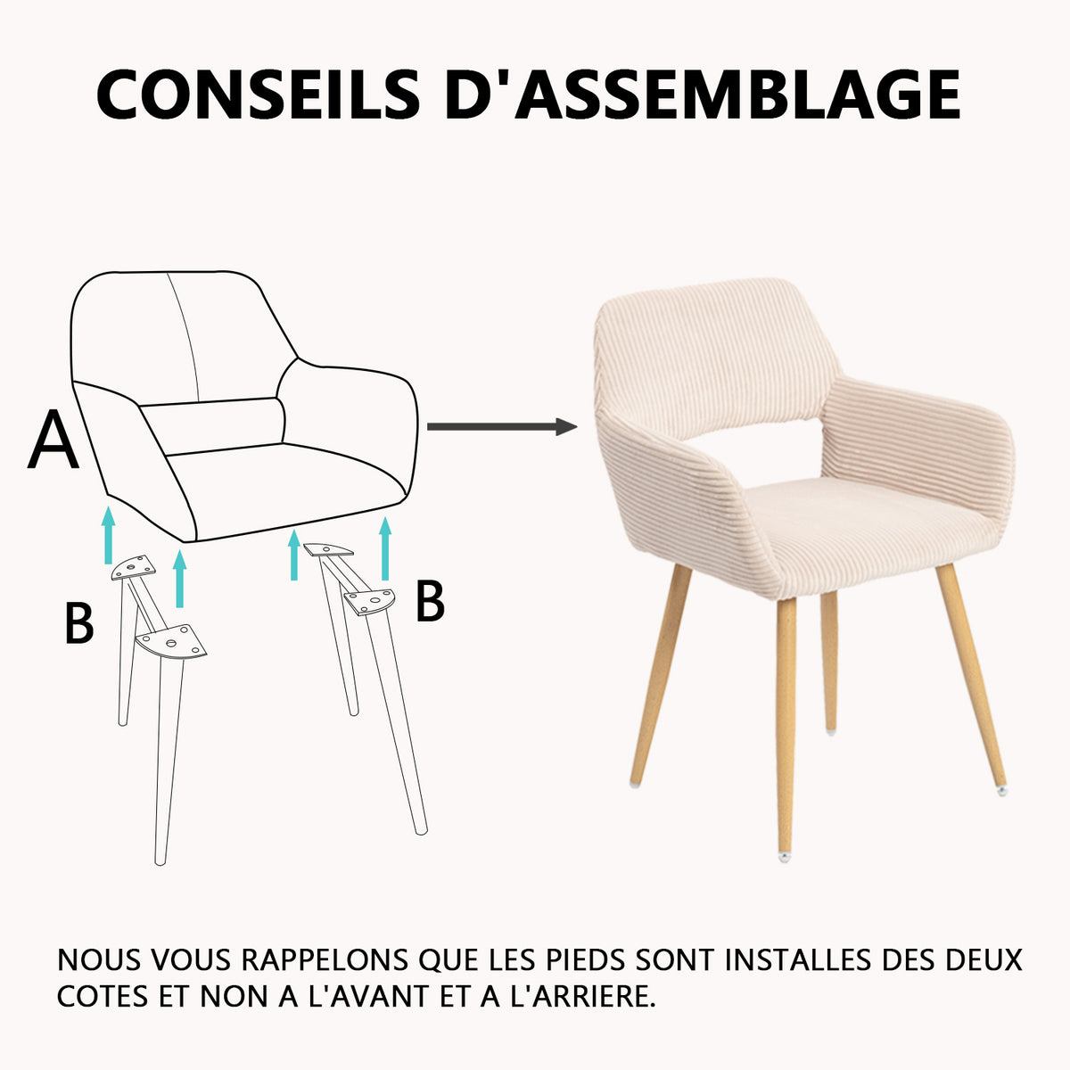 Lot de 2 fauteuils de salle à manger scandinaves avec accoudoirs en velours côtelé beige - CROMWELL CORDUROY