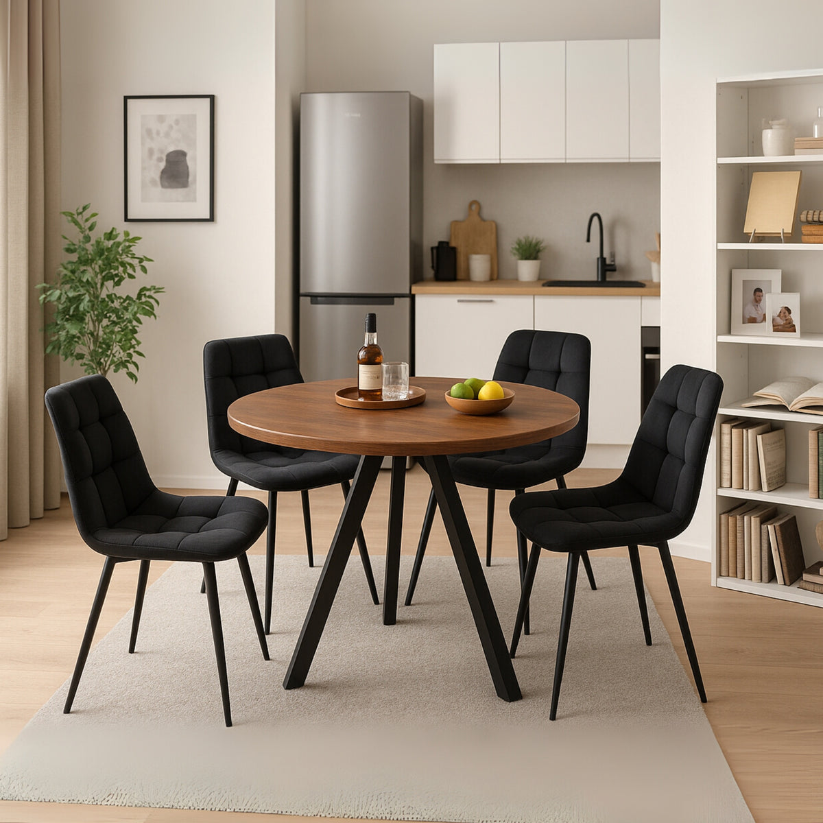 Round Table Table Table Table Timber Ø80 cm with 4 black velvet chairs, modern and comfortable style