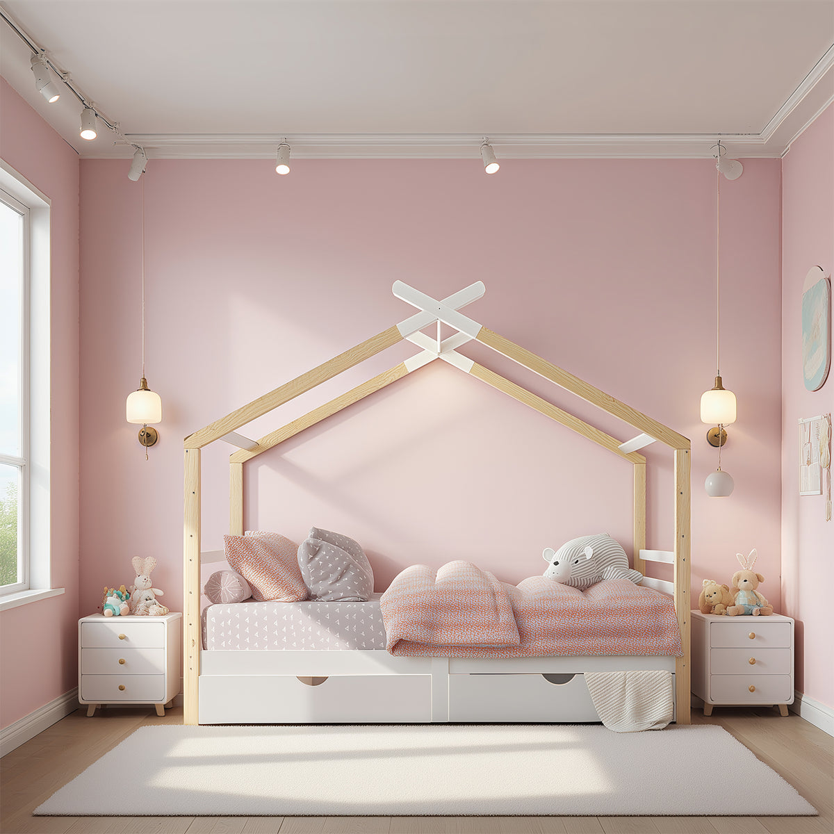 Children's cabin 90x200 cm white and solid wood wood with slatted base and 2 storage drawers (without mattresses)