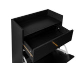 Meuble à chaussures noir 60x24x110 cm avec 2 portes en rotin, 1 tiroir et étagères réglables
