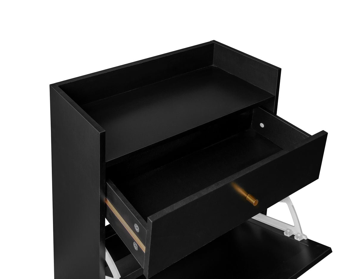 Meuble à chaussures noir 60x24x110 cm avec 2 portes en rotin, 1 tiroir et étagères réglables