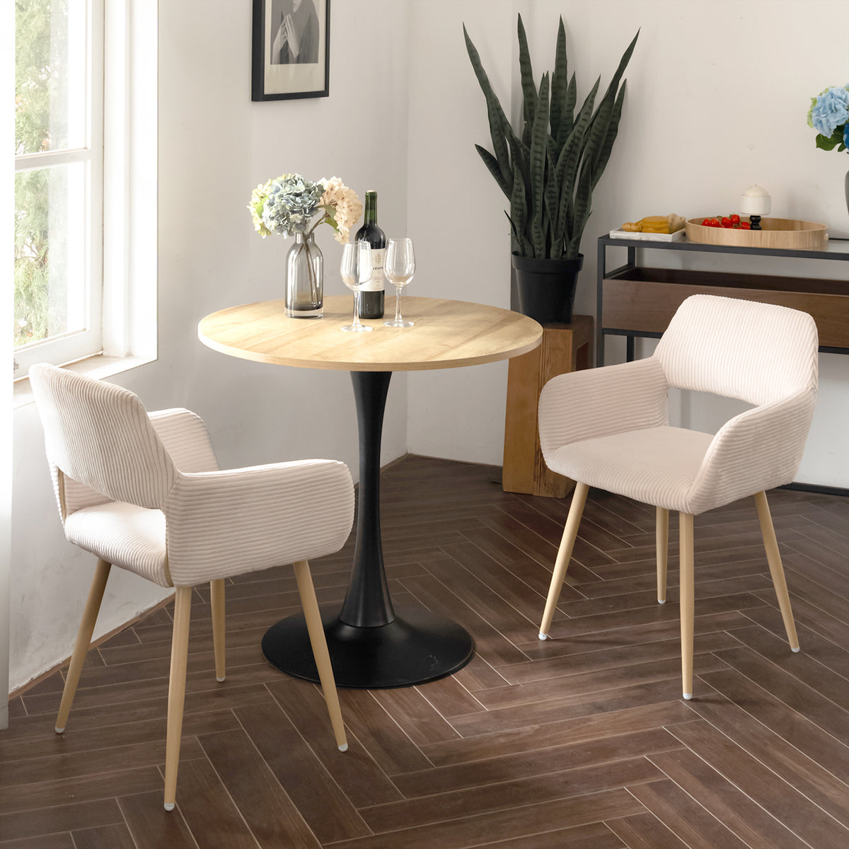 Lot de 2 fauteuils de salle à manger scandinaves avec accoudoirs en velours côtelé beige - CROMWELL CORDUROY