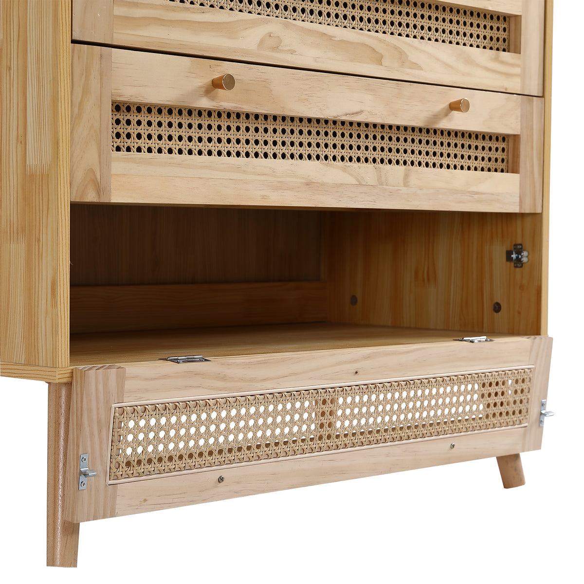 Commode classique à 3 tiroirs, avec dessus de tiroir en rotin, couvercle inférieur rabattable, poignée en métal doré et pieds en bois, offrant un espace de rangement pour le salon et la chambre