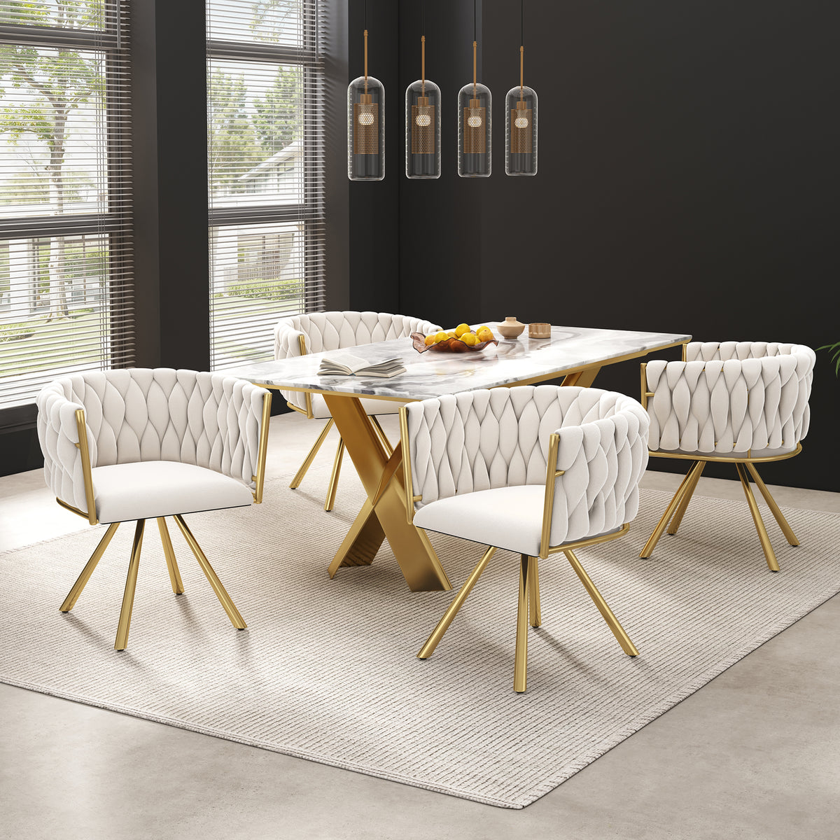 Lot de 6 chaises pivotantes de salle à manger en velours beige avec pieds en métal doré