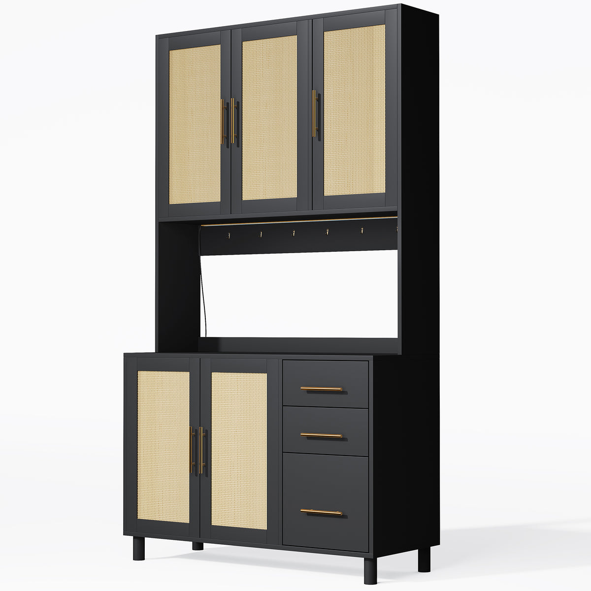 Buffet de cuisine 183 cm avec éclairage LED contrôlé par application, 2 ports USB, 2 prises, 3 tiroirs, étagères réglables et poignées dorées â€?idéal pour cuisine et salle à manger