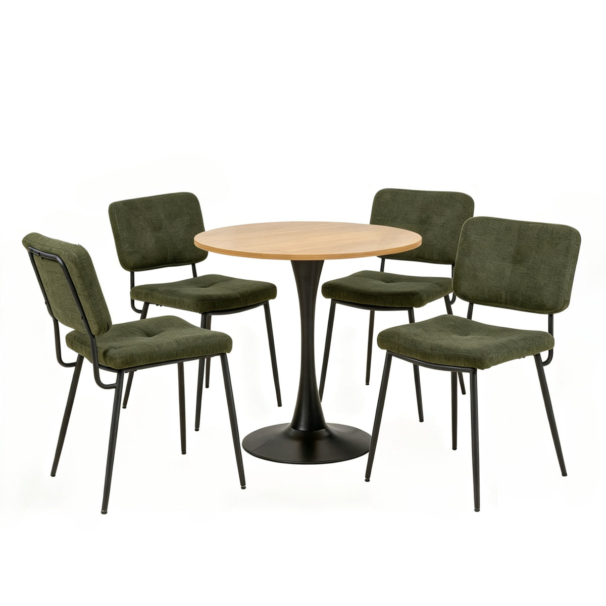 Ensemble de salle à manger de style scandinave composé d'une table ronde en chêne et de 4 chaises en tissu vert