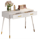 Weißer Schminktisch oder Schreibtisch in modernem Design mit 2 geräumigen Schubladen und goldenen Metallbeinen, 100x40x76 cm.