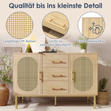 Eichen-Caning-Buffet mit 3 Schubladen, 2 Türen, einstellbaren Regalen und Anti-Breeching-Geräte-120 × 40 × 74 cm