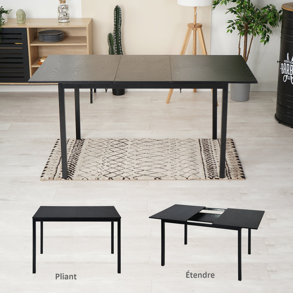 Ensemble table à manger extensible noire avec 6 chaises de salle à manger en PU, style scandinave