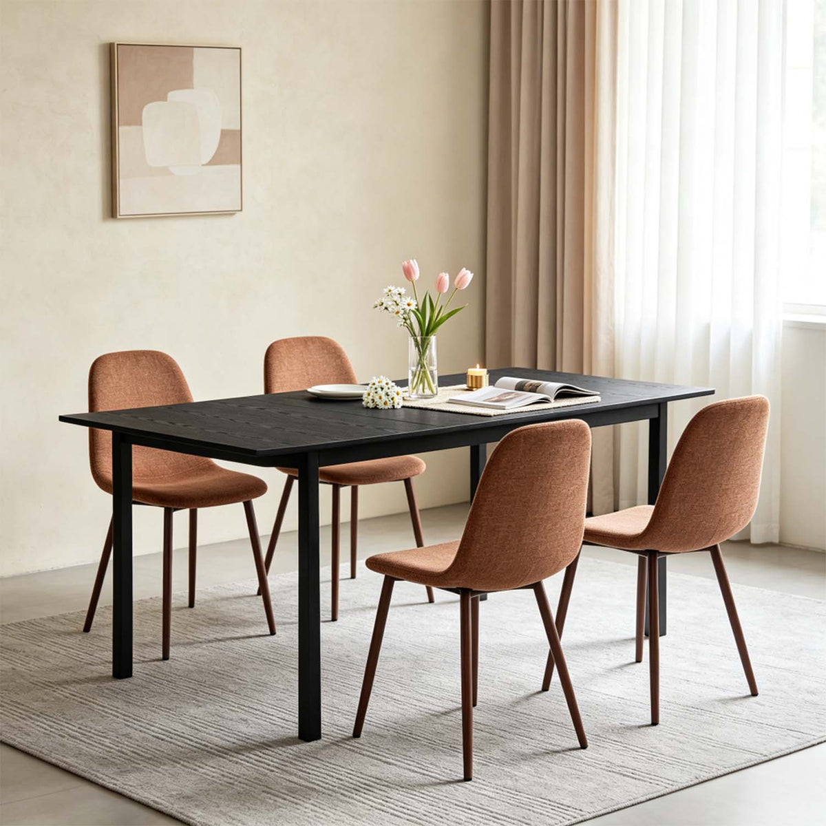 Round Table Table Table Table Timber Ø80 cm with 4 black velvet chairs, modern and comfortable style