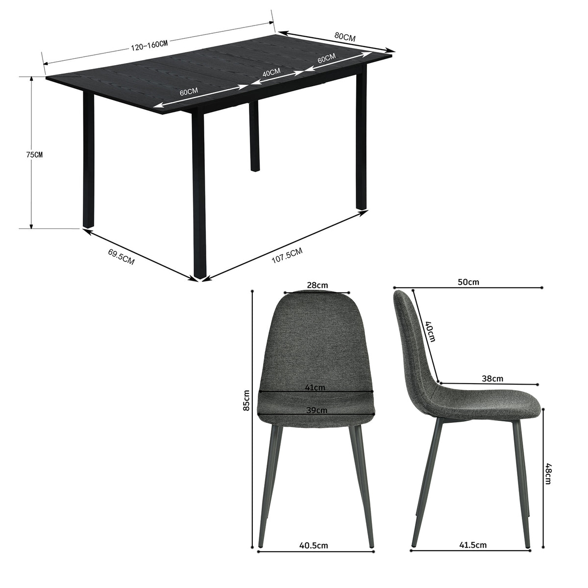 Round Table Table Table Table Timber Ø80 cm with 4 black velvet chairs, modern and comfortable style