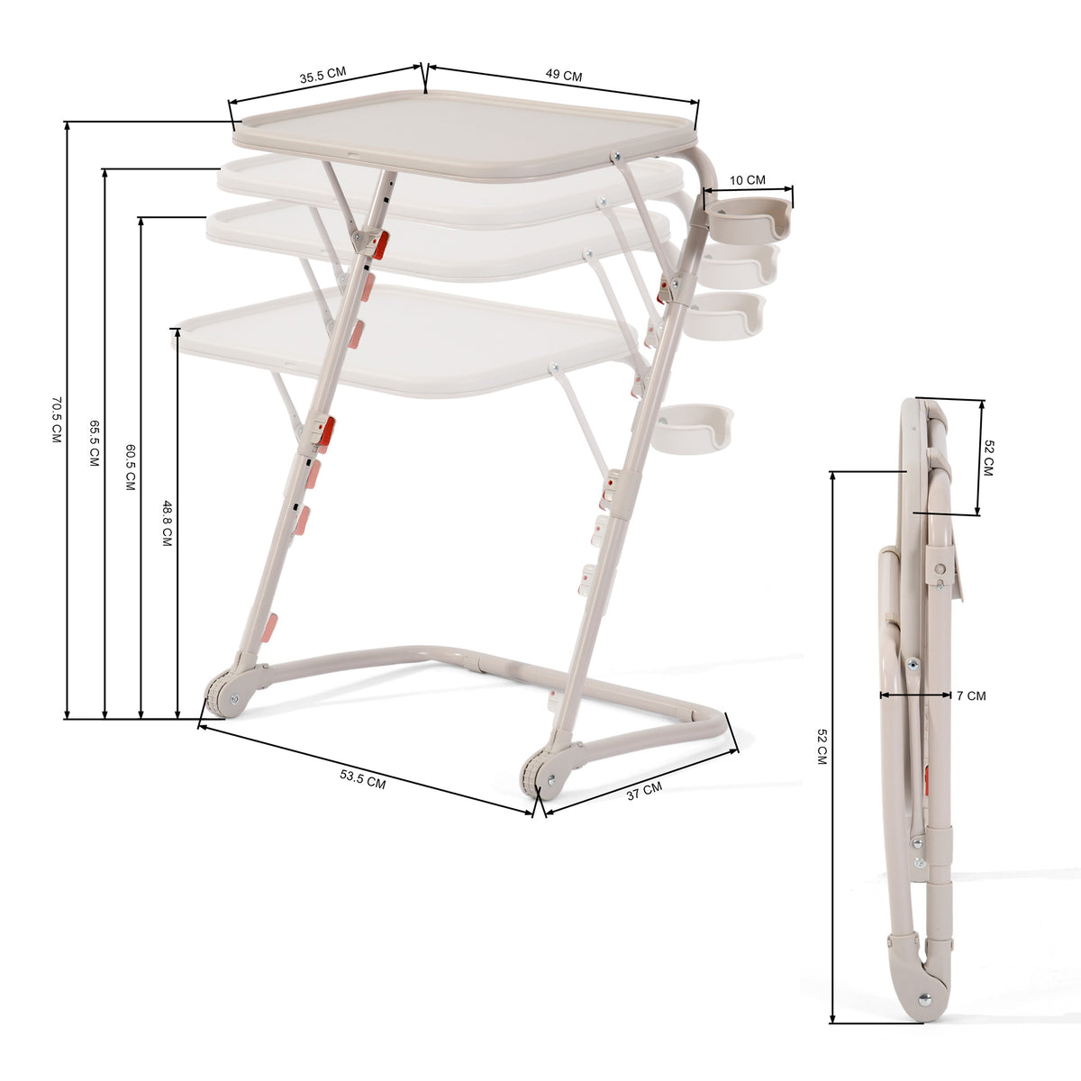 Table d’appoint pliable pour ordinateur portable, bout de canapé réglable en hauteur avec plateau inclinable et porte-gobelet beige- BASELINE