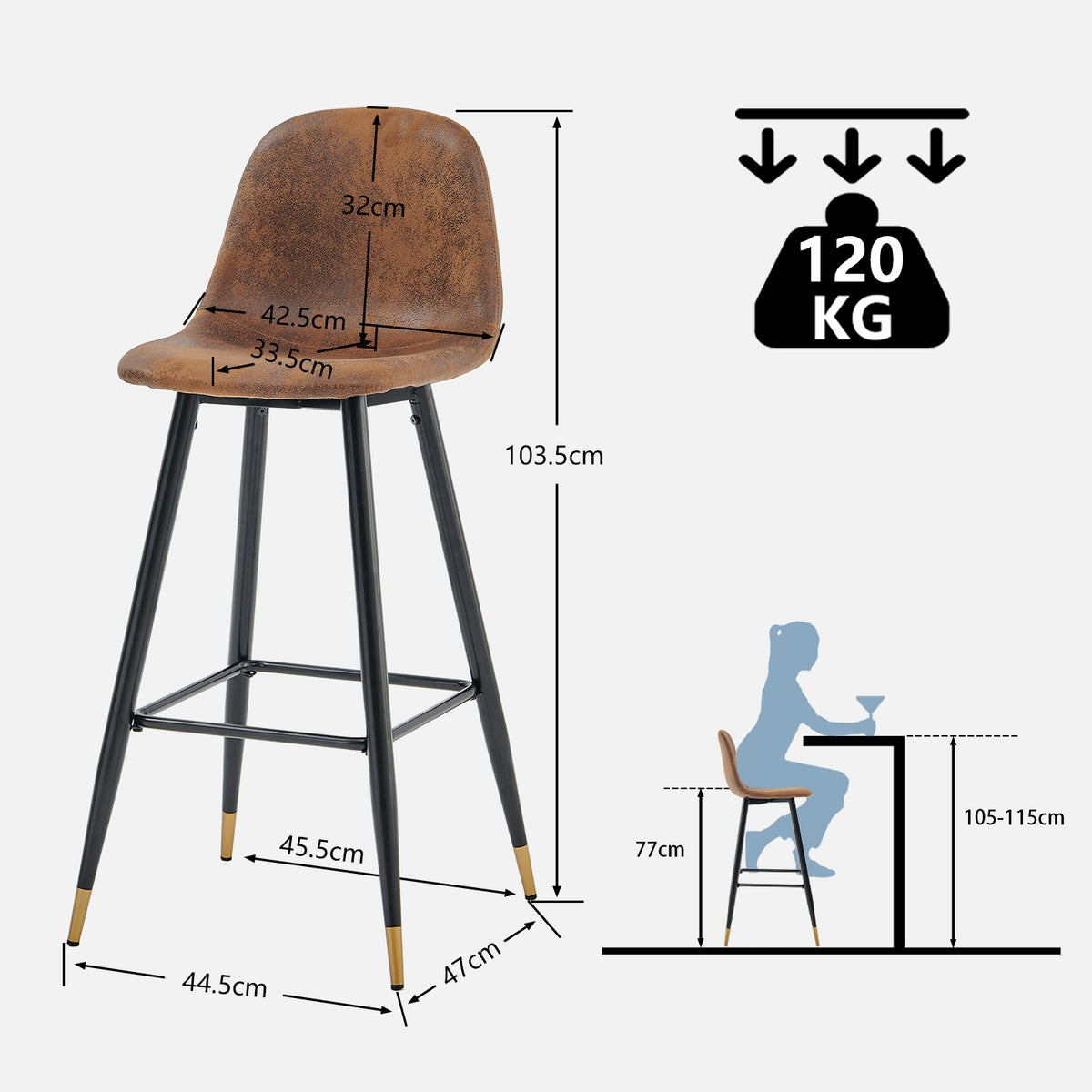Set of 2 industrial bar stools with suede back - CHARLTON BAR