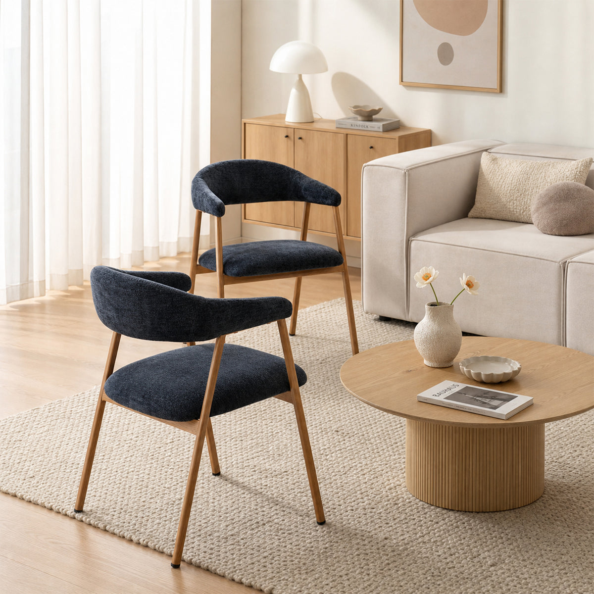 Lot de 2 fauteuils de salle à manger scandinaves avec accoudoirs en tissu bleue - BONNIE
