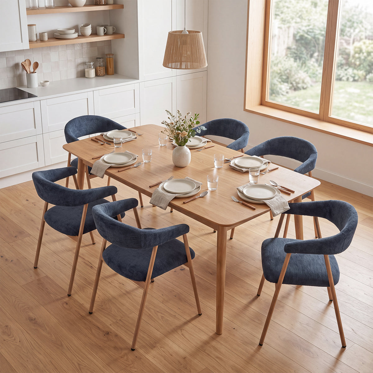 Lot de 6 fauteuils de salle à manger scandinaves avec accoudoirs en tissu bleue - BONNIE