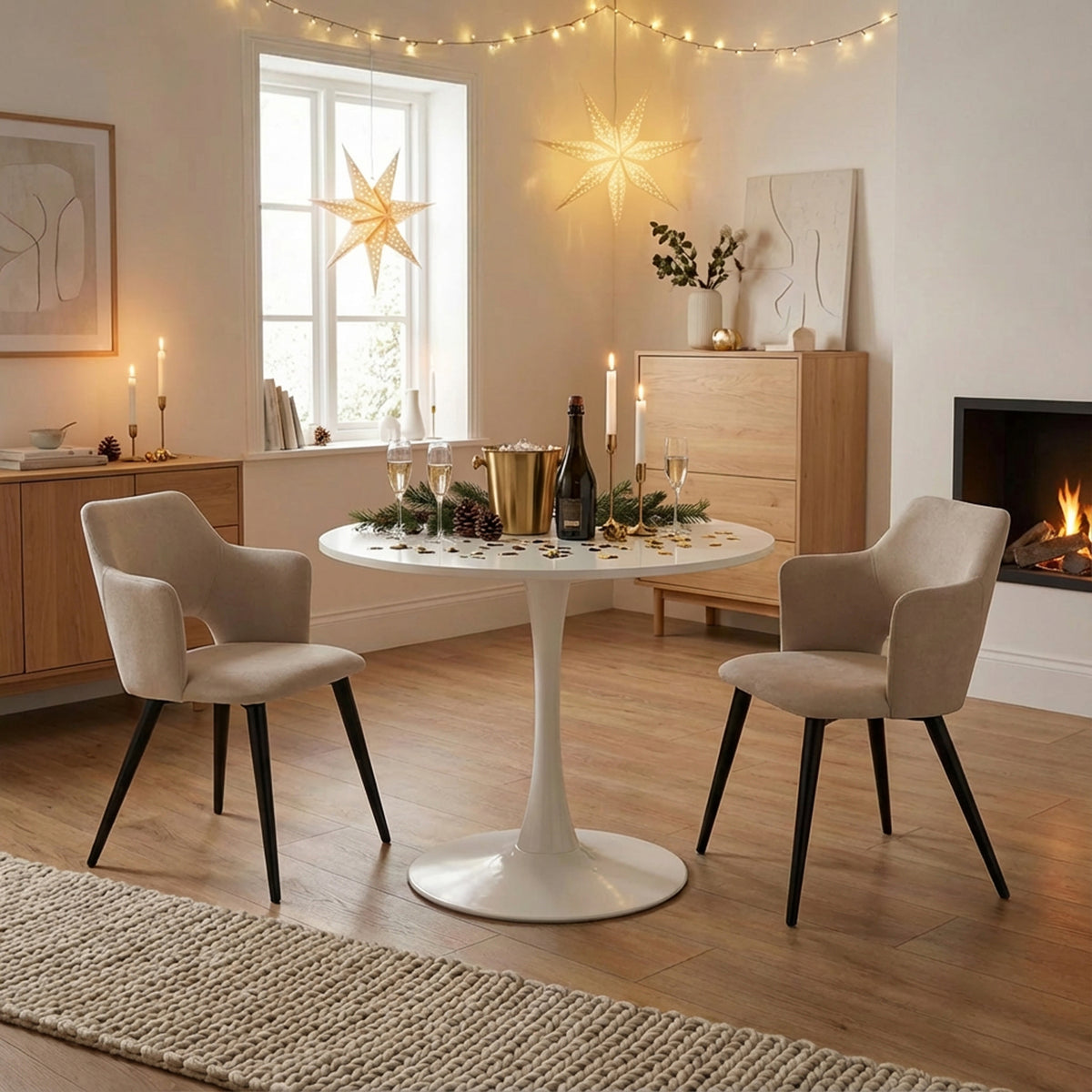 Set von 2 skandinavischen Esszimmer Sesseln mit beige Stoffarmlehnen - Akanji