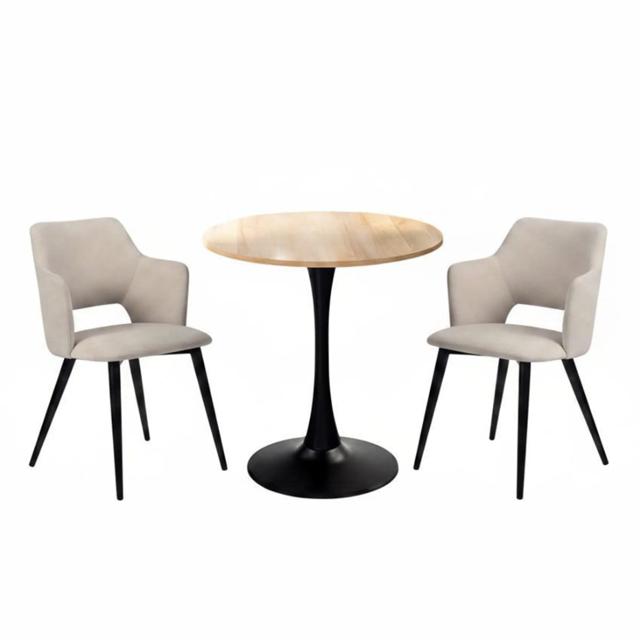 Round Table Table Table Table Timber Ø80 cm with 4 black velvet chairs, modern and comfortable style