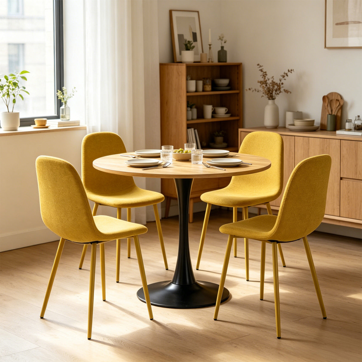 Ensemble de salle à manger de style scandinave comprenant une table ronde en chêne et 4 chaises jaune