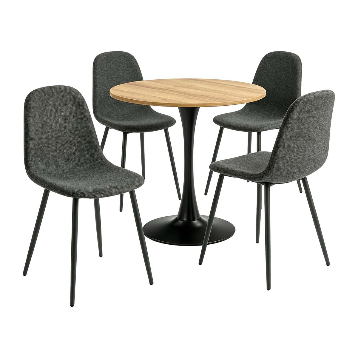 Ensemble de salle à manger de style scandinave comprenant une table ronde en chêne et 4 chaises gris