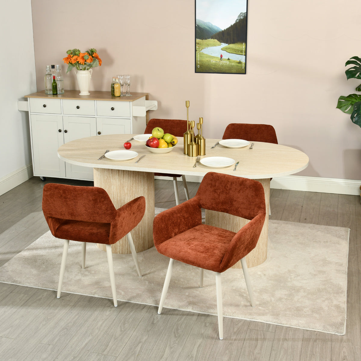 Lot de 2 fauteuils de salle à manger scandinaves avec accoudoirs en chenille terracotta - CROMWELL
