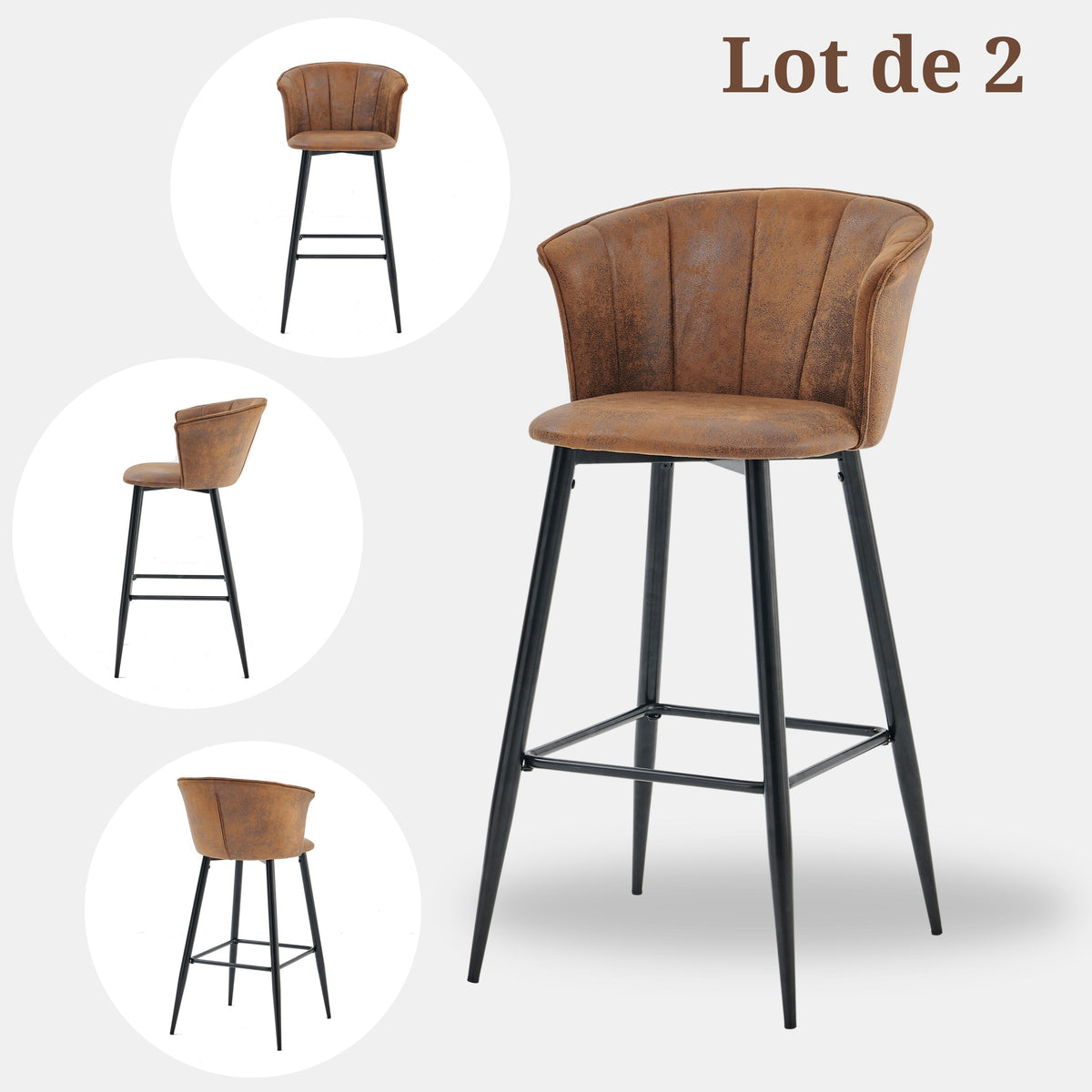 Lot de 4 tabourets de bar industriels avec accoudoirs et dossier en suédine - DONCIC BAR