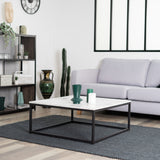 Table basse carrée style contemporain, plateau en bois effet marbre, structure en métal noir - FACTO