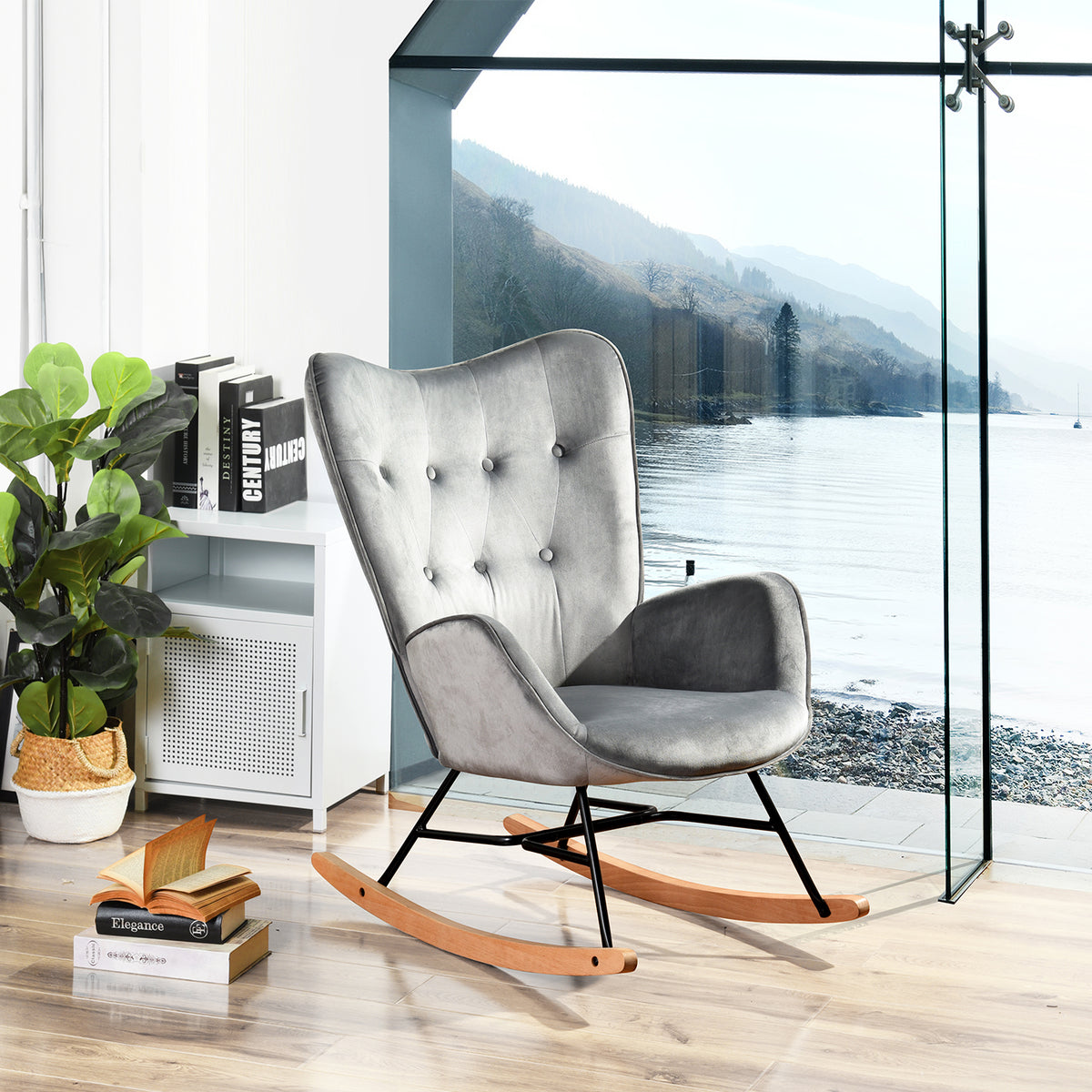 Fauteuil à bascule allaitement scandinave avec accoudoirs en velours gris capitonné - EPPING