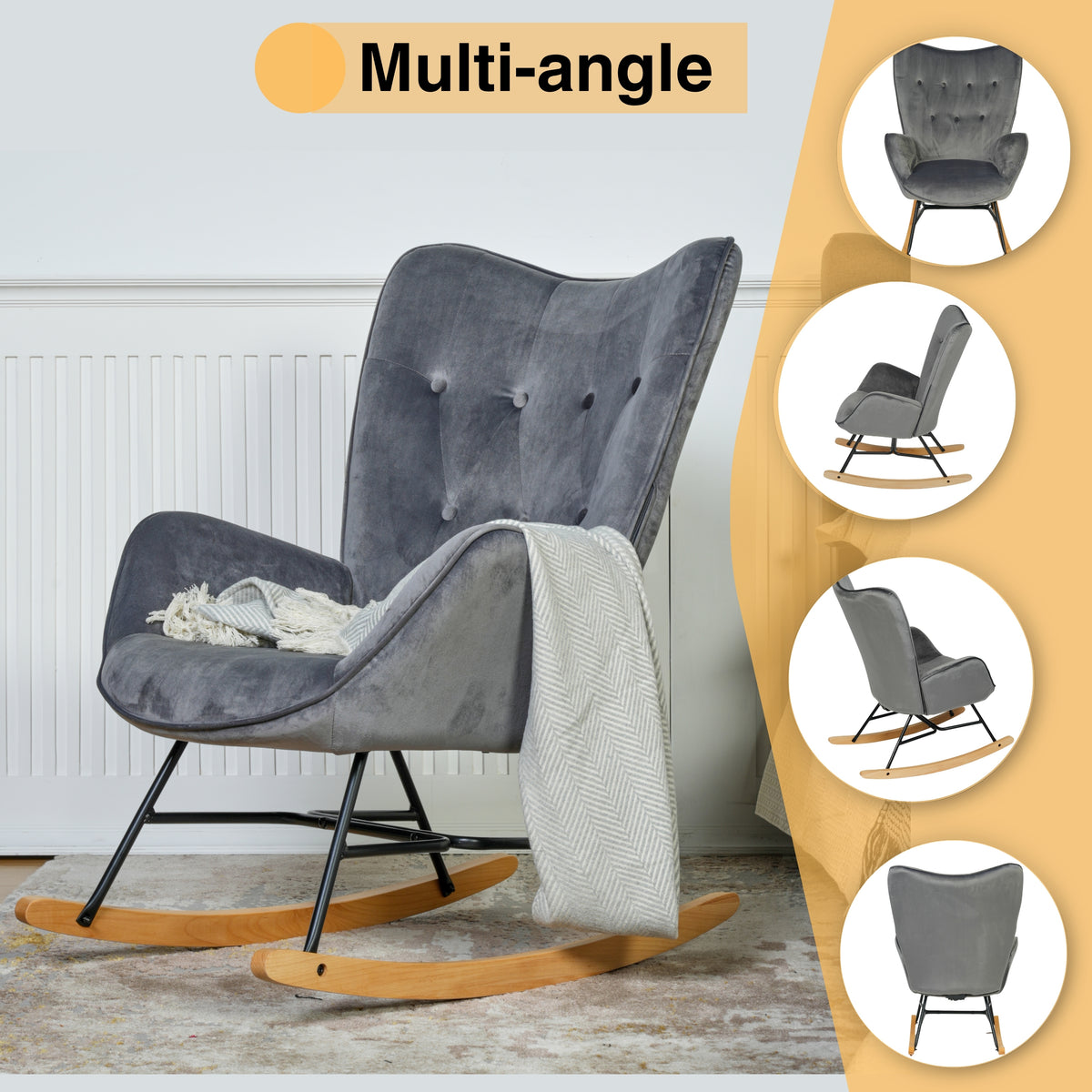 Fauteuil à bascule allaitement scandinave avec accoudoirs en velours gris capitonné - EPPING