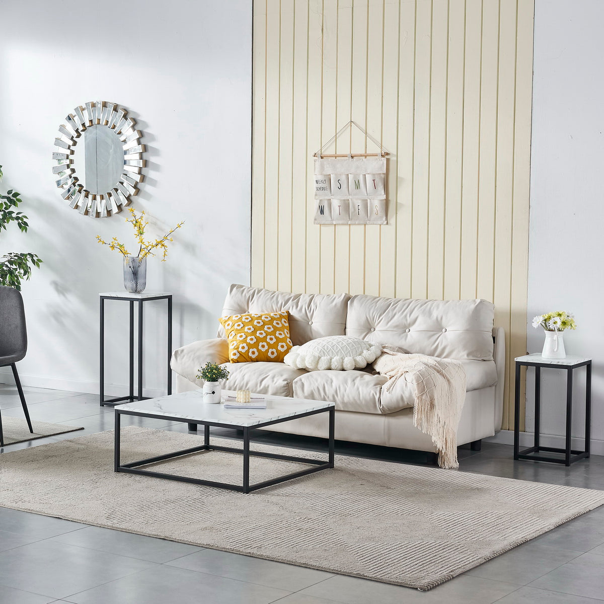 Table basse carrée style contemporain, plateau en bois effet marbre, structure en métal noir - FACTO
