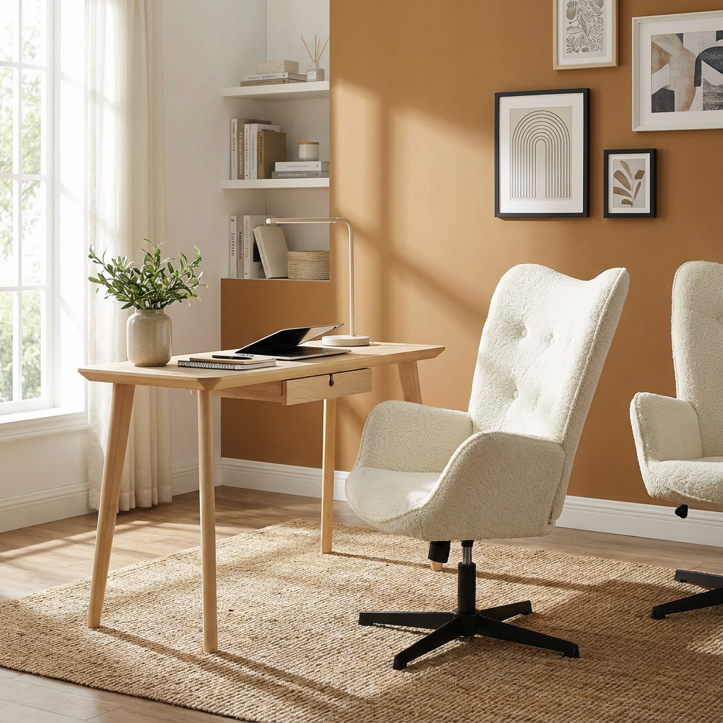 Lot de 2 fauteuil de bureau pivotant et réglable avec accoudoirs, fauteuil de salon inclinable en tissu chenille beige - FUCHS