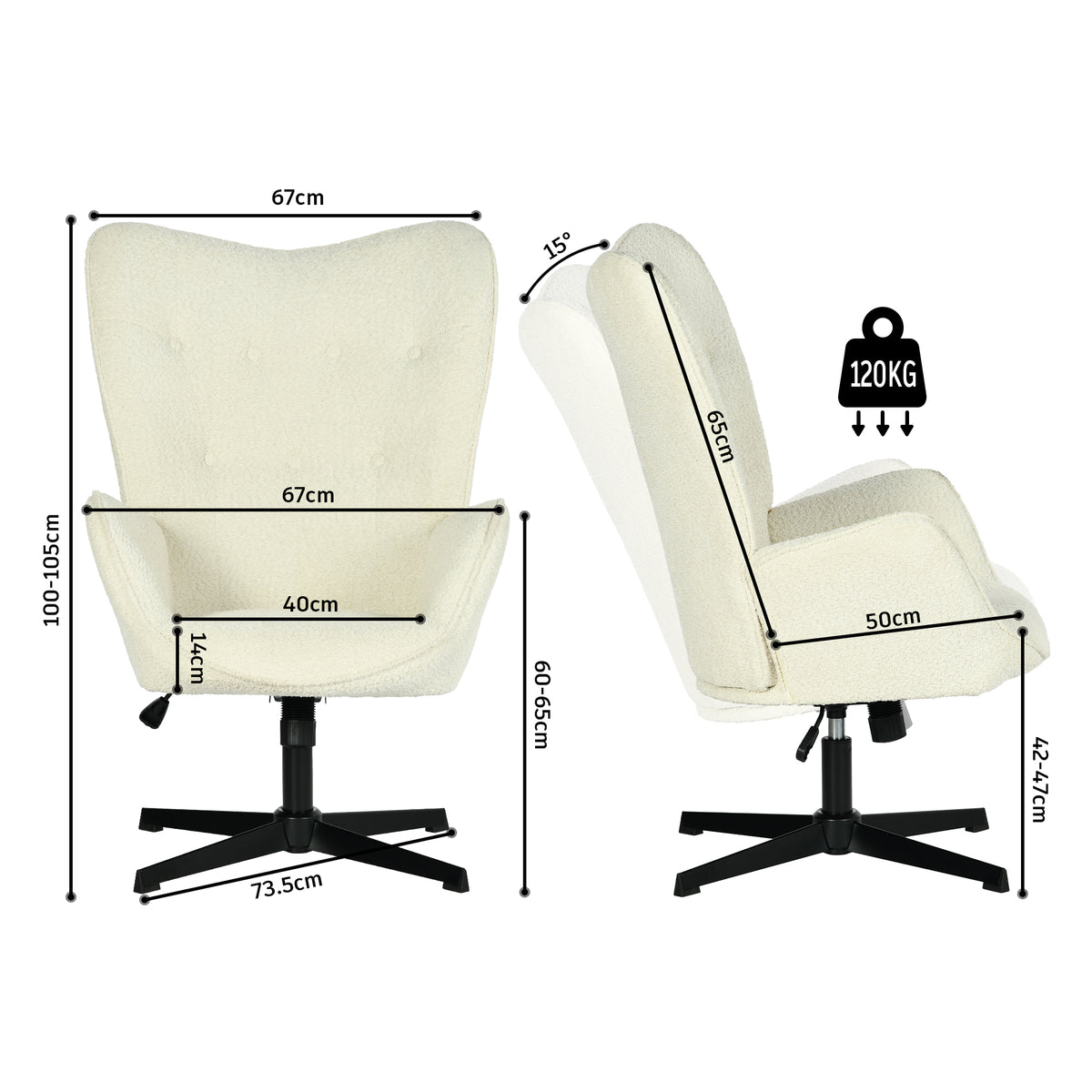 Lot de 2 fauteuil de bureau pivotant et réglable avec accoudoirs, fauteuil de salon inclinable en tissu chenille beige - FUCHS
